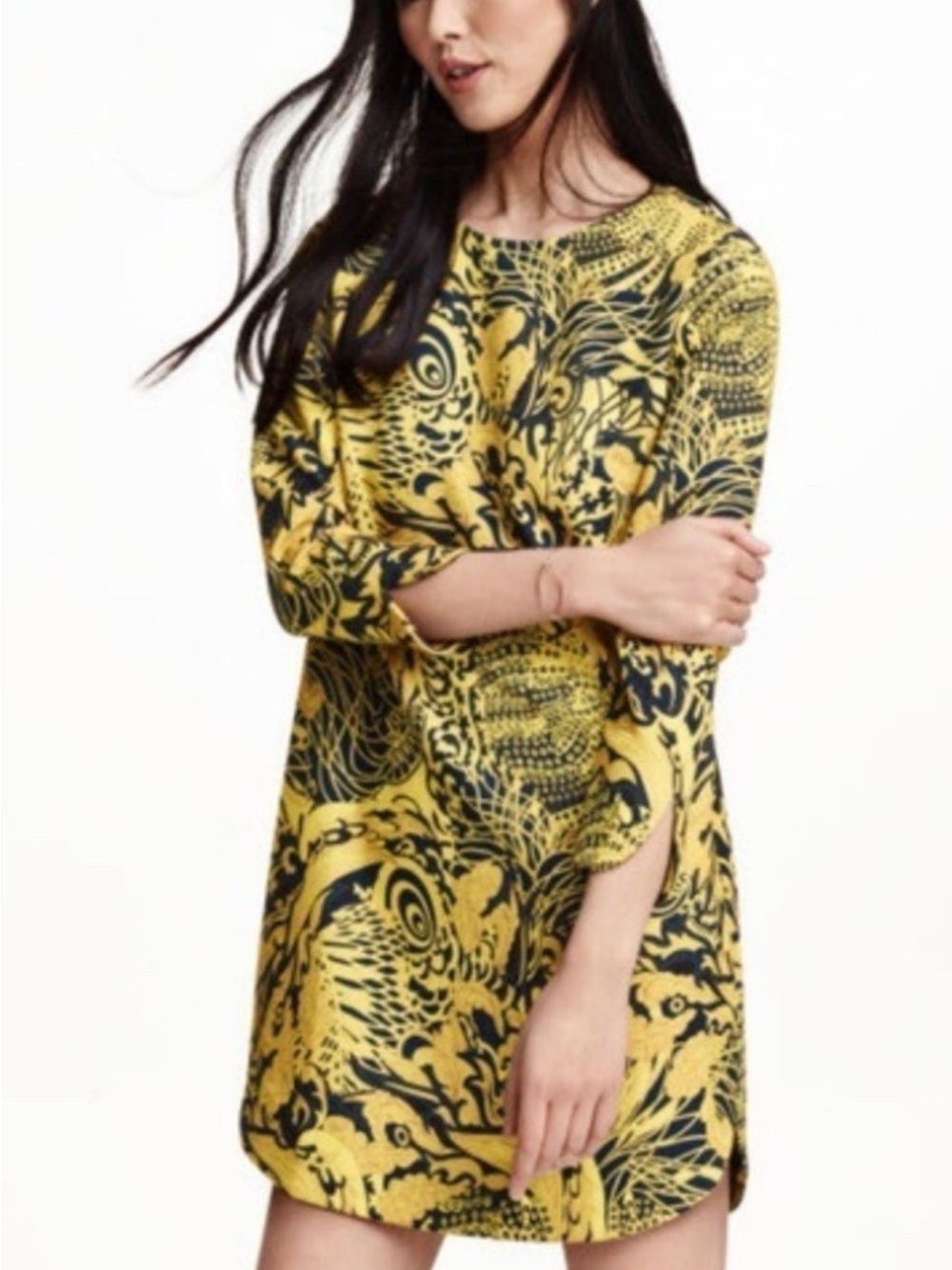 H&M Versace-Like Yellow & Black/Navy Printed Mini Shift Dress 3/4 Sleeve Size 2